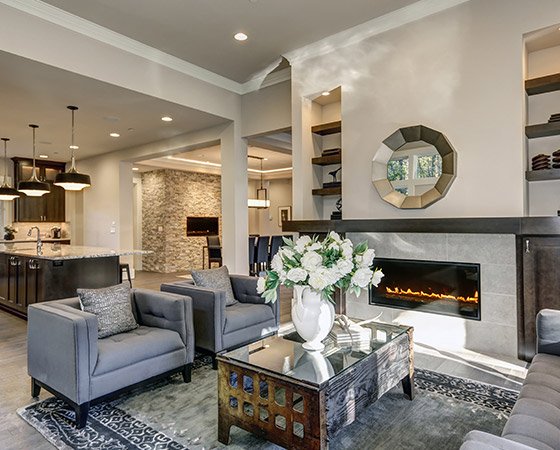 luxury living room with fireplace and built in shelving around